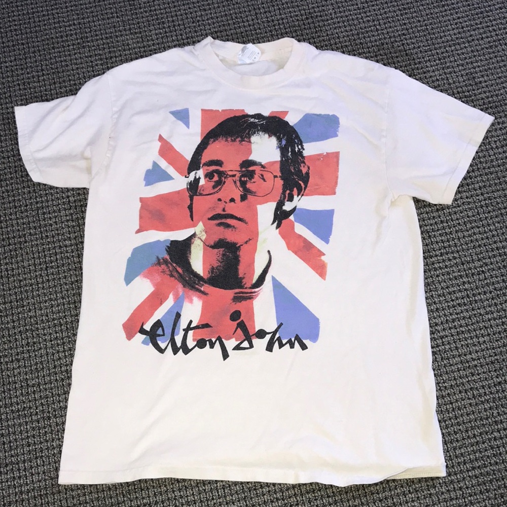 Elton John Gildan White Men’s T-Shirt with Red & Blue